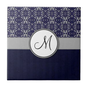 Silver Damask on Blue with Stripes and Monogram Tile