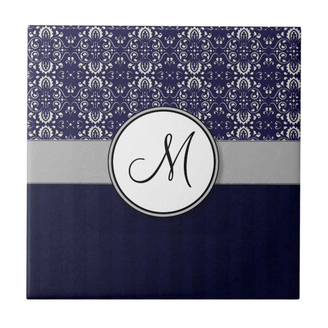 Silver Damask on Blue with Stripes and Monogram Tile (Front)