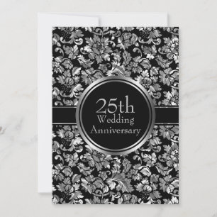 Silver Damask Over Black Background Invitation