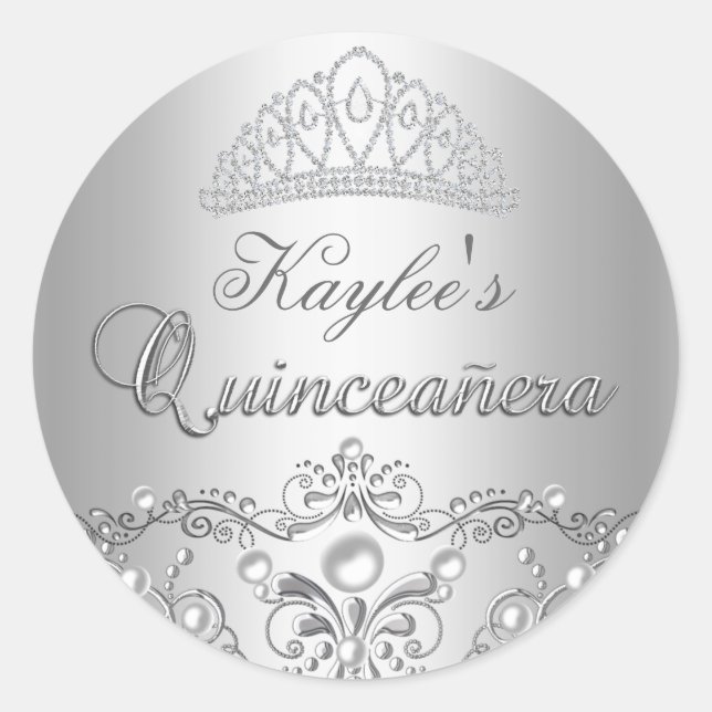 Silver Damask Pearl Quinceanera Sticker (Front)