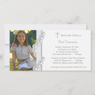 Silver Damask Pearls First Communion Photo Invite