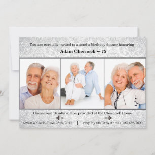Silver damask photo birthday party invitation
