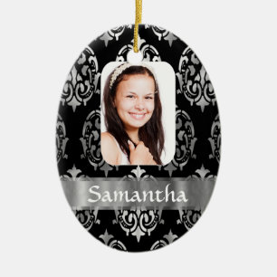 Silver damask photo template ceramic tree decoration