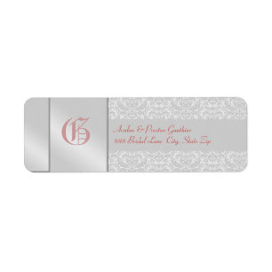 Silver Damask Pink Monogram Wedding Address Label