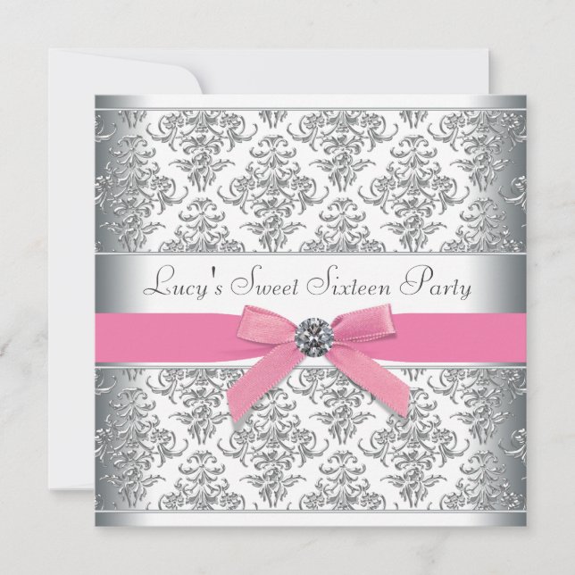 Silver Damask Pink Sweet Sixteen Birthday Party Invitation (Front)