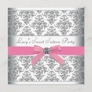 Silver Damask Pink Sweet Sixteen Birthday Party Invitation