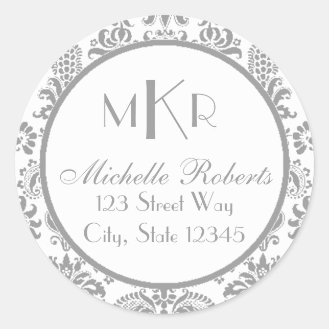 Silver Damask Round Return Address Label (Front)