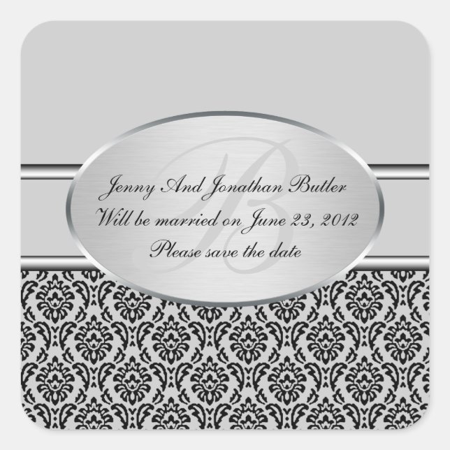 Silver Damask Save The Date Stickers (Front)
