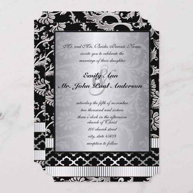 Silver Damask Swirls Wedding Invitation (Front/Back)