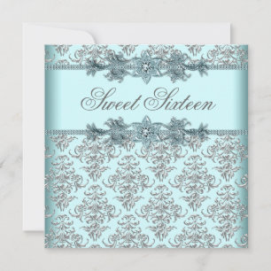 Silver Damask Teal Blue Sweet 16 Birthday Party Invitation