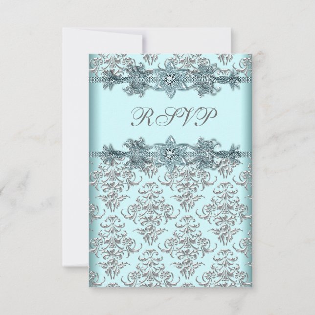 Silver Damask Teal Blue Sweet 16 Birthday RSVP (Front)