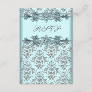 Silver Damask Teal Blue Sweet 16 Birthday RSVP Card