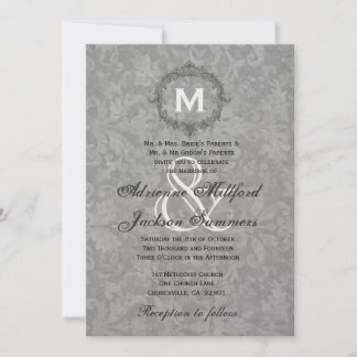 Silver Damask Vintage Frame Wedding Metallic Invitation