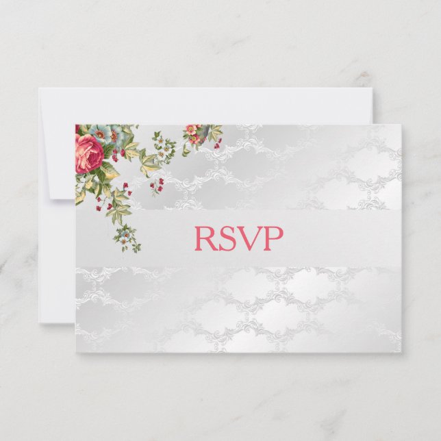Silver Damask Wedding RSVP Floral (Front)