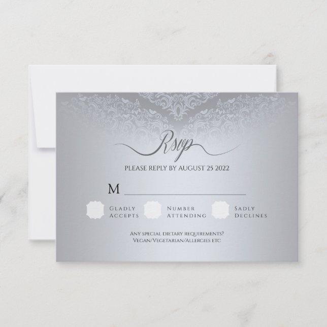 Silver Damask Wedding RSVP Response Card (Front)