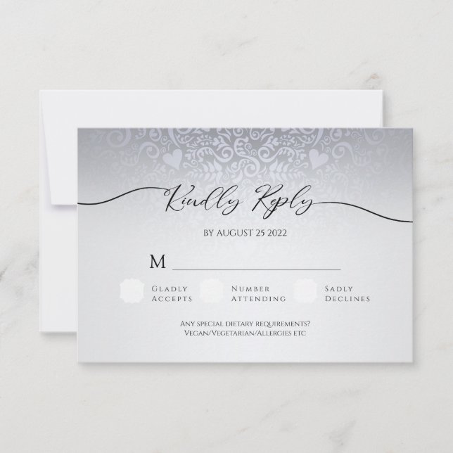 Silver Damask Wedding RSVP Response Card (Front)