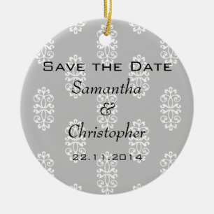 Silver Damask Wedding Save the Date Ceramic Tree Decoration