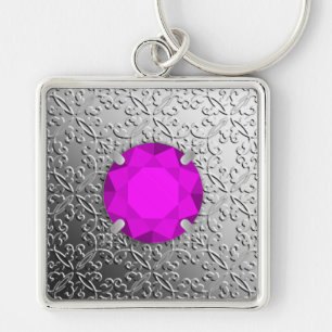 Silver Damask with a faux amethyst gemstone Key Ring