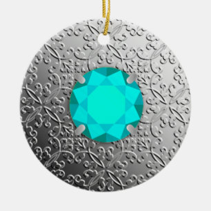 Silver Damask with a faux aquamarine gemstone Ceramic Tree Decoration