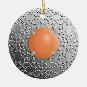 Silver Damask with a faux coral gemstone Ceramic Tree Decoration