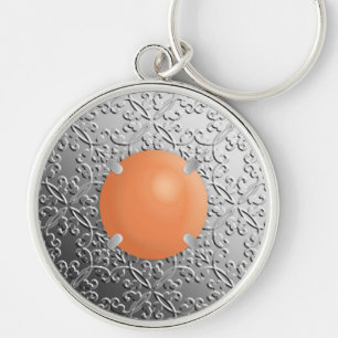 Silver Damask with a faux coral gemstone Key Ring