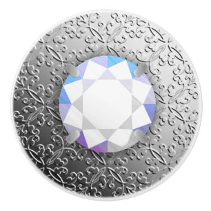 Silver Damask with a faux diamond gemstone Ceramic Knob