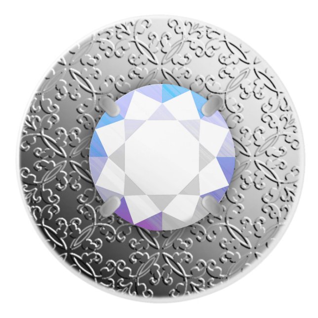 Silver Damask with a faux diamond gemstone Ceramic Knob (Front)
