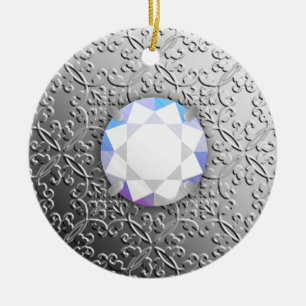 Silver Damask with a faux diamond gemstone Ceramic Tree Decoration