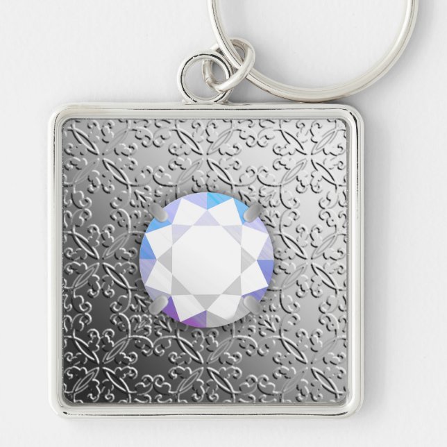 Silver Damask with a faux diamond gemstone Key Ring (Front)