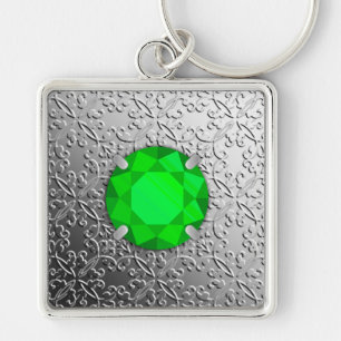 Silver Damask with a faux emerald gemstone Key Ring