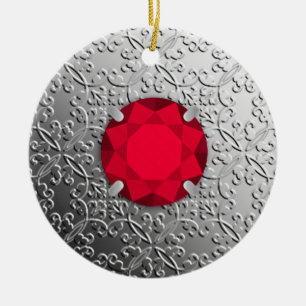 Silver Damask with a faux garnet gemstone Ceramic Tree Decoration
