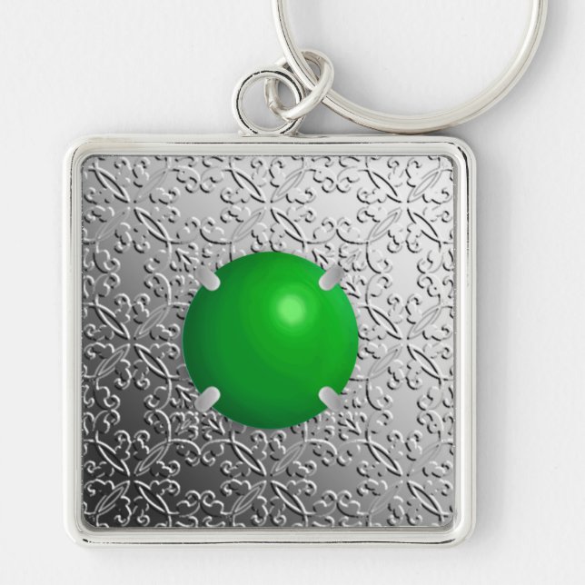 Silver Damask with a faux jade gemstone Key Ring (Front)