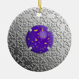 Silver Damask with a faux lapis lazuli gemstone Ceramic Tree Decoration
