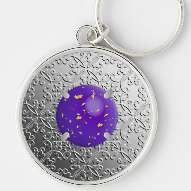 Silver Damask with a faux lapis lazuli gemstone Key Ring (Front)