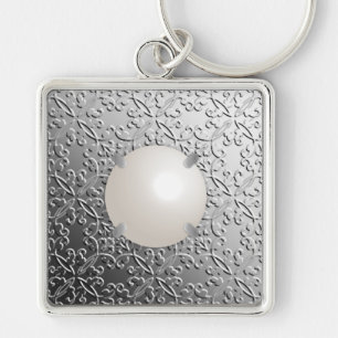 Silver Damask with a faux mabe pearl Key Ring