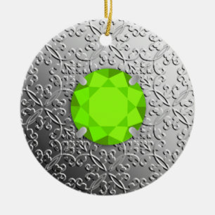 Silver Damask with a faux peridot gemstone Ceramic Tree Decoration