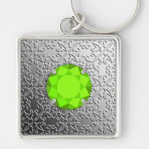 Silver Damask with a faux peridot gemstone Key Ring