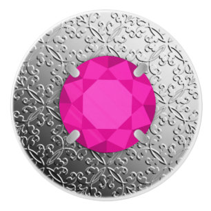 Silver Damask with a faux pink tourmaline gem Ceramic Knob