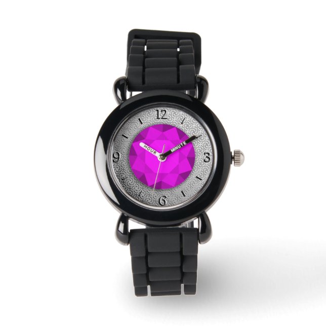 Silver Damask with a faux purple amethyst gem Watch (Front)
