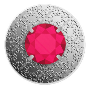 Silver Damask with a faux ruby gemstone Ceramic Knob