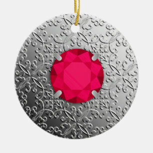 Silver Damask with a faux ruby gemstone Ceramic Tree Decoration