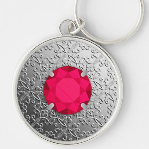 Silver Damask with a faux ruby gemstone Key Ring