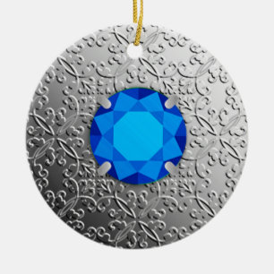 Silver Damask with a faux sapphire gemstone Ceramic Tree Decoration