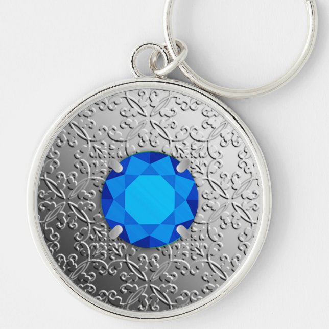 Silver Damask with a faux sapphire gemstone Key Ring (Front)