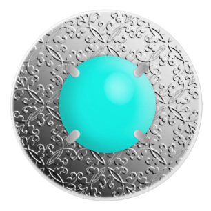 Silver Damask with a faux turquoise gemstone Ceramic Knob