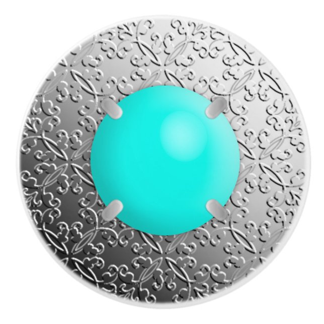 Silver Damask with a faux turquoise gemstone Ceramic Knob (Front)