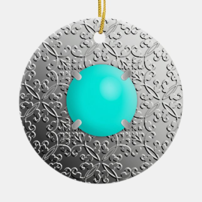 Silver Damask with a faux turquoise gemstone Ceramic Tree Decoration (Front)