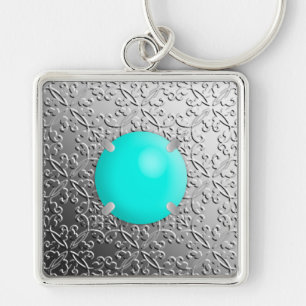 Silver Damask with a faux turquoise gemstone Key Ring