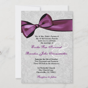 Silver Damask with Plum Purple Printed Bow Wedding Invitation