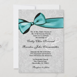 Silver Damask with Teal Printed Bow Wedding V003 Invitation
